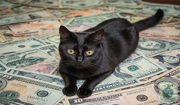 черный кот лежит на долларовых купюрах