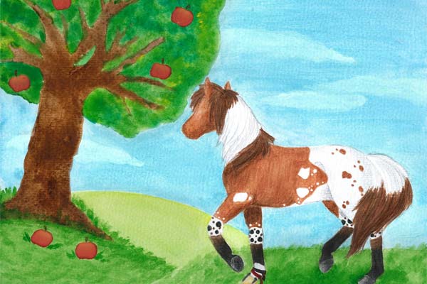 рисунок коня возле яблони