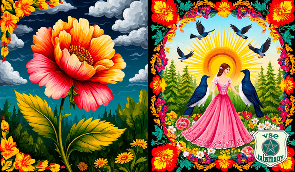 Русь, девушка в поле, цветы и птицы