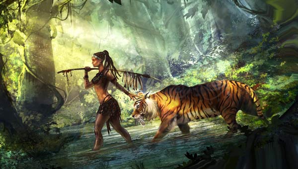 девушка ведет тигра в джунглях