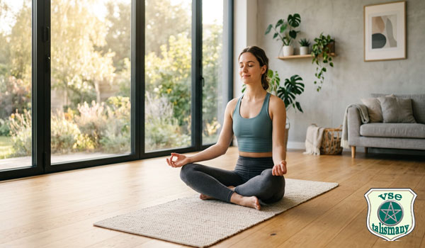 Девушка медитирует в комнате у панорамного окна