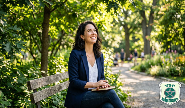 Женщина в парке на лавочке сидит с книгой в руках