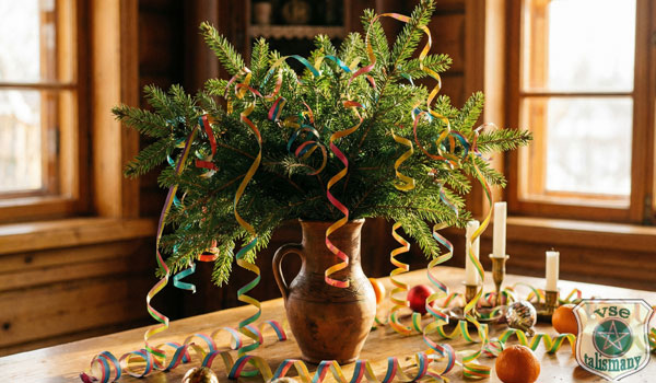 Ваза с еловыми ветками и серпантин