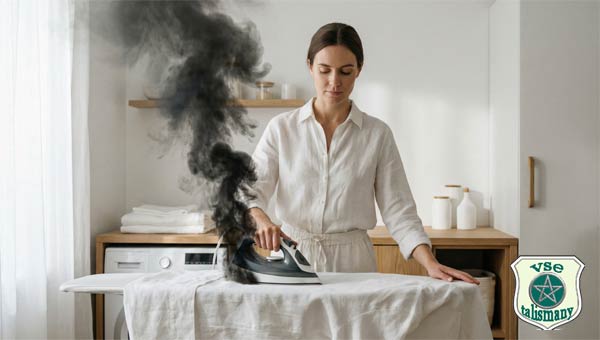 женщина гладит белье от которого идет черный дым