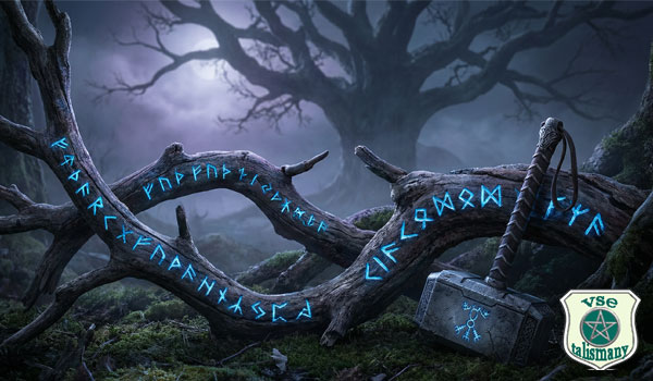 рунескрипт на корнях дерева, молот Тора