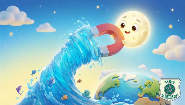 мультяшная Луна притягивает воду и рыб