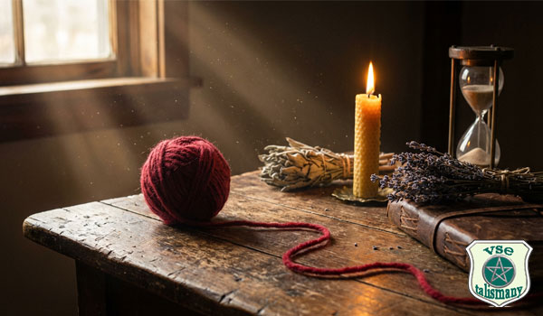 моток красной пряжи, свеча и песочные часы