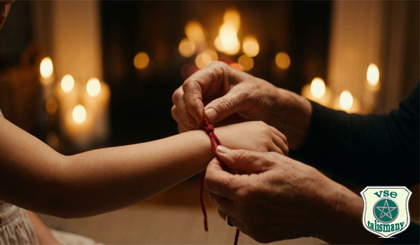 мужчина повязывает девушке красную нить на запястье