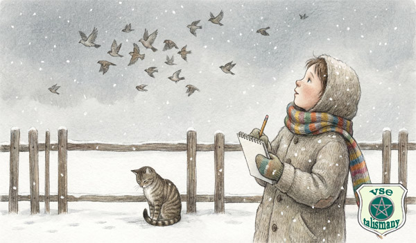 мальчик и кошка наблюдают за перелетными птицами