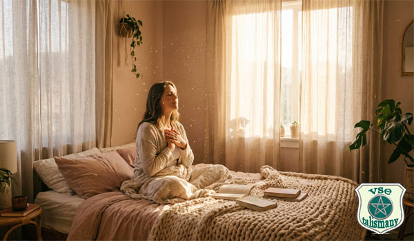 Девушка медитирует, читает защитные аффирмации