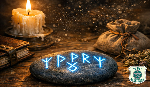 свеча, мешочек и руны на камне