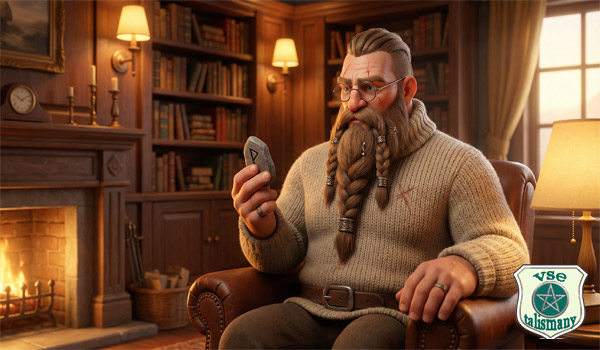 викинг в свитере сидит в библиотеке