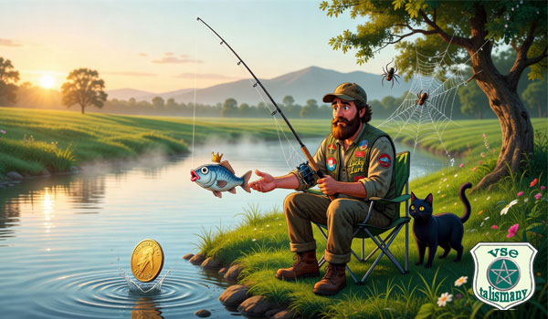 Рыбак сидит с удочкой на берегу