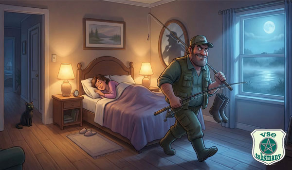 Мужчина с удочкой тайком уходит из спальни