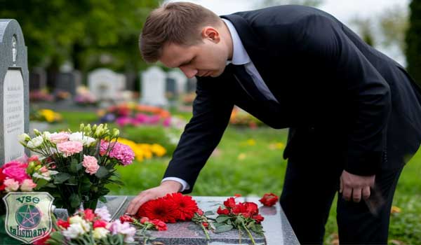 мужчина кладет цветы на могилу
