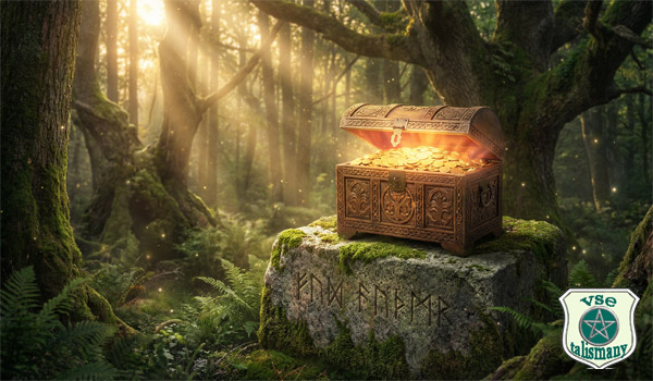 сундук с золотом стоит на камне с рунами в лесу
