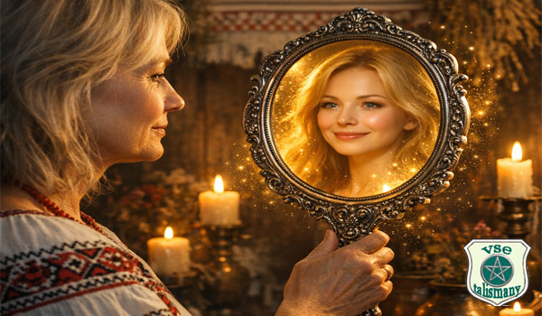 женщина в возрасте видит в зеркале себя молодой