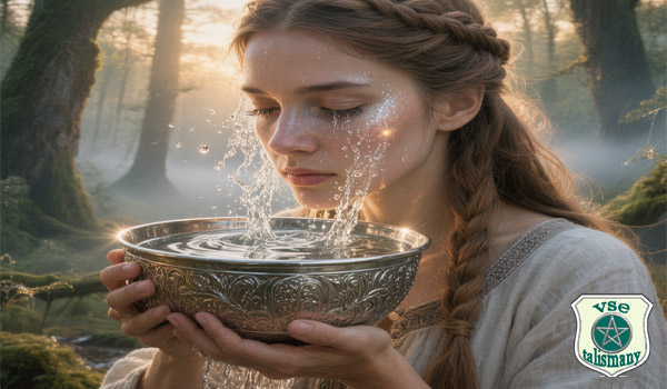 молодая девушка умывается из чаши