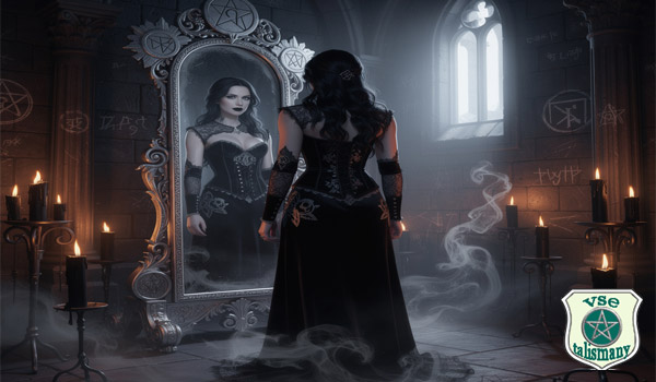 красивая ведьма смотрит в зеркало