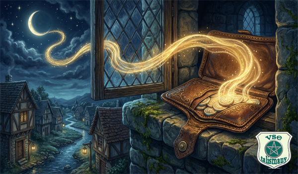 кошелек с волшебными монетами лежит на окне под лунным светом