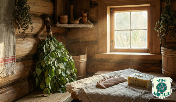 банный веник, мыло и частый гребень