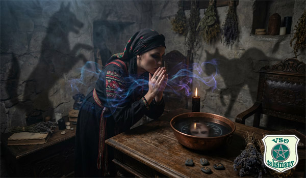 цыганка и тени кошки с собакой на стене