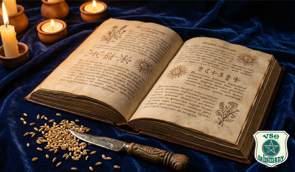 гримуар с заклинаниями, нож и семена