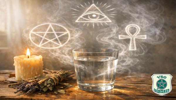 стакан воды, пентаграмма, свеча и травы