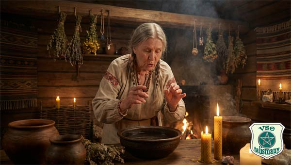 ведьма в славянской одежде читает заговор над миской, под потолком пучки трав