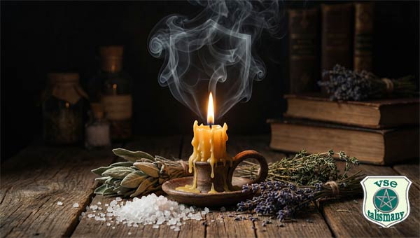 травы, соль и горящая свеча