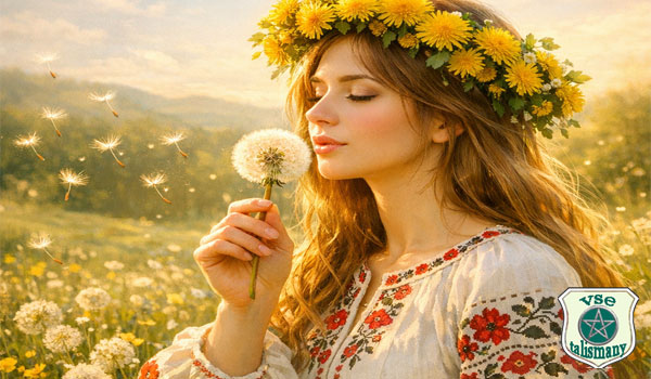 девушка в славянской одежде гадает на одуванчике