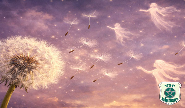 семена одуванчика разлетаются в небо
